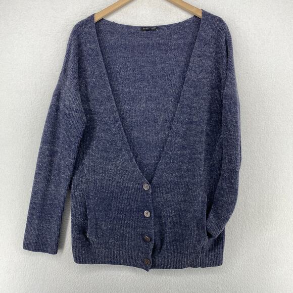 EILEEN FISHER Cardigan Sweater S Wool Stretch Deep V-Neck Button Front Blue - Picture 1 of 12